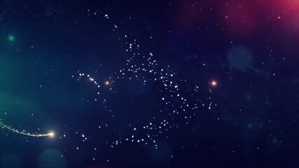Dark blue space background with glowing white particles forming abstract shapes and bright lens flares suggesting cosmic wonder and digital art - Powered by Adobe