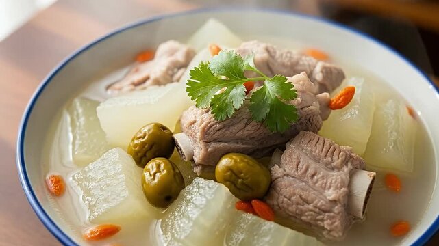 A visually appealing, steaming close-up of a hearty soup served in a bowl, showcasing tender cuts of meat on the bone, substantial pieces of pale green vegetable, and vibrant orange berries, all elega