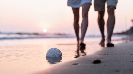 Couple walking hand in hand along the beach at sunset  