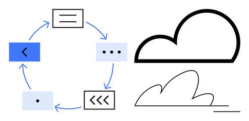 Data management, cloud storage, process flow, digital systems, network connectivity, information exchange. Cycle diagram and cloud shape. Data management and cloud storage visualization