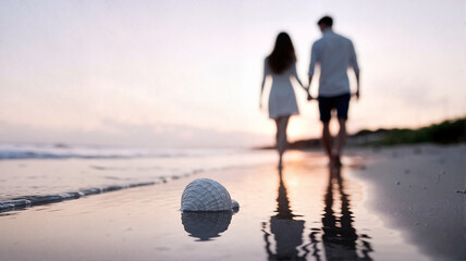 Couple walking hand in hand on beach during sunset with seashell