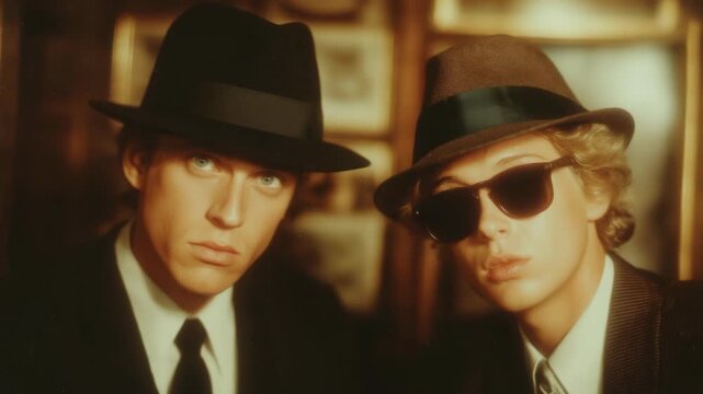 retro vintage style clip of two men wearing panama hat at room