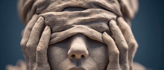 Figure depicting ignorance with clay character eyes and ears covered. Willful blindness to truth and avoidance of knowledge visualization for education importance concept learning psychology awareness