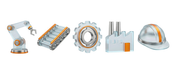 Set of 3D rendered industrial and manufacturing icons including a robotic arm, conveyor belt, gear, factory, and hard hat on a white background.
