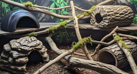 Naturalistic reptile habitat setup with artificial logs, caves, and moss-covered branches arranged in a terrarium environment