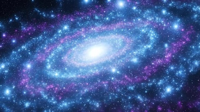 An abstract, computer-generated animation showcases a breathtaking spiral galaxy, swirling majestically through the vast expanse of deep space. Countless vibrant blue and purple stars radiate outward 
