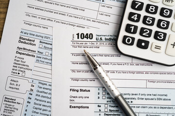 Tax form 1040 U.S. Individual Income Tax Return, business finance.