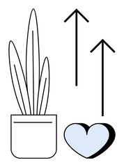 Growth, positivity, health, love, sustainability, aspirations. Minimalist design features a potted plant, upward arrows and a heart. Growth and positivity concepts in a clean style