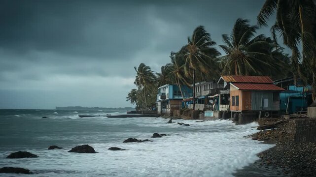 A dramatic coastal village scene during a powerful storm, with strong winds bending tall palm trees and rough weather sweeping through the shoreline community, capturing the intensity of nature and ex