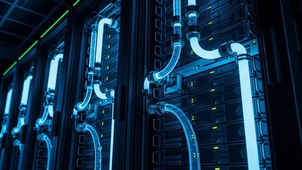 Liquid cooling tubes glowing blue attached to dark industrial server racks