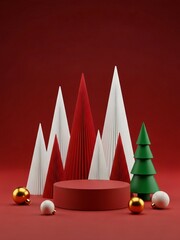 Red product display podium with stylized Christmas trees and golden balls on red background. Modern vertical template for Holiday winter season, New Year celebration with copy space.