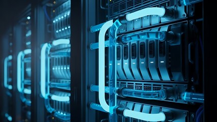 Modern data center server racks featuring illuminated clear liquid cooling pipes