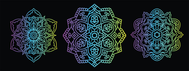 Set of 3 traditional mandala art with oriental geometric symmetrical patterns  