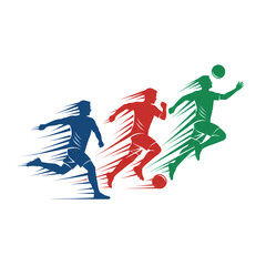 Obraz premium Dynamic soccer player silhouettes in blue, red, and green colors. Fast motion vector illustration of football athletes running and dribbling for sports tournament design.