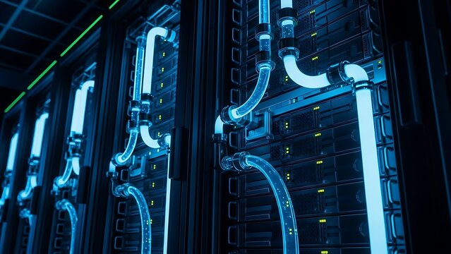 Liquid cooling tubes glowing blue attached to dark industrial server racks - Powered by Adobe