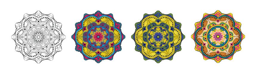 Set of 4 traditional mandala art with oriental geometric symmetrical patterns  