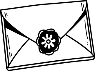 Sealed envelope with decorative wax seal stamp hand drawn outline icon for mail, message, invitation, correspondence and communication