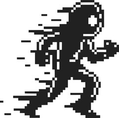Fototapeta premium Pixel running astronaut silhouette glitch effect, retro arcade cosmic character sprinting fast in dynamic motion