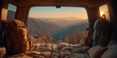 Fototapeta premium Interior view of a vehicle with two backpacks on a bed, overlooking a mountainous landscape at sunset. Ideal for off-road adventure and touring themes.