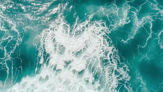 An mesmerizing aerial view captures the dynamic power of the ocean as a large splash erupts from the vibrant turquoise waters. White foam spreads outwards in intricate patterns, creating a beautiful c