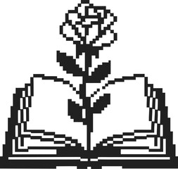 Obraz premium pixel art open book with blooming rose retro floral illustration symbolizing literature, knowledge, romance and digital nostalgia