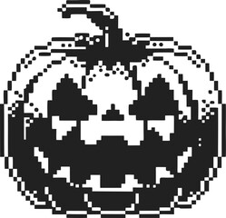 retro pixel jack o lantern icon with spooky carved face black and white halloween pumpkin illustration on transparent background