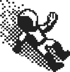 Fototapeta premium pixelated astronaut dissolving into digital particles retro space explorer silhouette disintegrating in abstract glitch effect