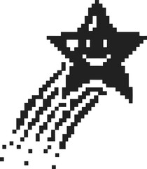 Fototapeta premium Smiling pixel star with trailing sparkles retro 8 bit celestial character, cute nostalgic digital art icon on white background