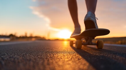 Skateboarding on a road during sunset near a lake in the evening hours