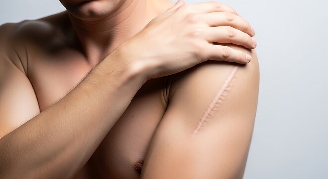 Closeup of a mans arm showing a fresh surgical scar or suture line after an operation, isolated on white background