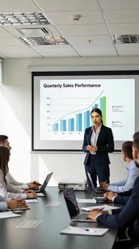 Business Presentation in Conference Room with Sales Performance Chart.