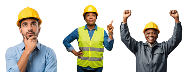 Diverse Group of Construction Workers and Engineers in Yellow Hard Hats Expressing Various Emotions and Ideas Against a transparent background