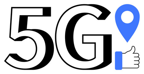 5G technology. 5G connectivity ed with a location pin and thumbs up symbol to show fast communication and seamless networking. 5G improves digital reliability and interaction. Concepts include