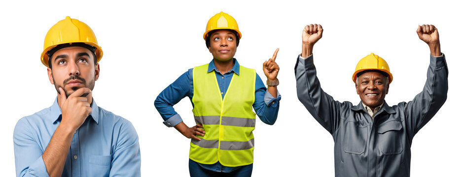 Diverse Group of Construction Workers and Engineers in Yellow Hard Hats Expressing Various Emotions and Ideas Against a transparent background