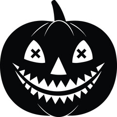 Spooky smiling jack-o'-lantern pumpkin face on a dark black background is the perfect vector illustration for a Halloween holiday horror decoration in October