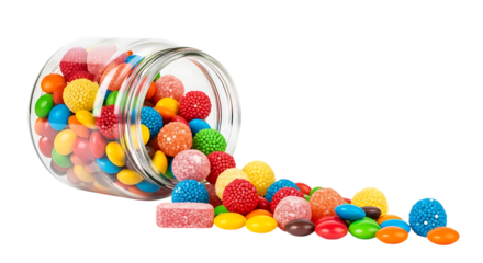 Glass jar spilling colorful assorted candies and gummy sweets isolated on a transparent background candy