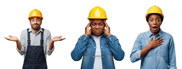 Diverse male and female construction workers in yellow hard hats showing various emotions like confusion, stress, and surprise against a black studio background