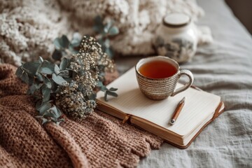 morning routine with tea and journal, mental wellness concept