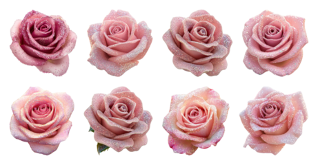PNG Elegant pink roses with dew, element set on transparent background