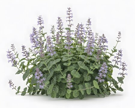 Blooming Catmint (Nepeta faassenii) with Purple Flower Spikes in a Summer Garden