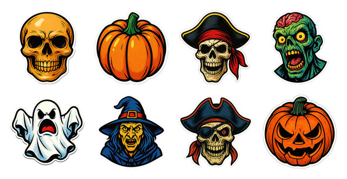 PNG Colorful Halloween character stickers, element set on transparent background