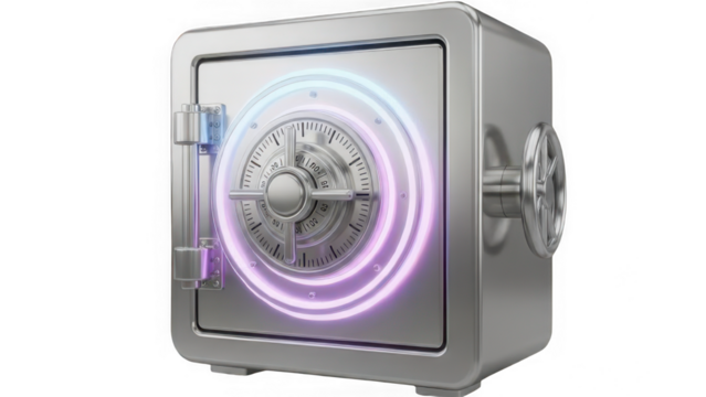 Futuristic safe with glowing neon security rings - Powered by Adobe