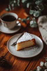 slice of homemade cake on white plate and cup of coffee