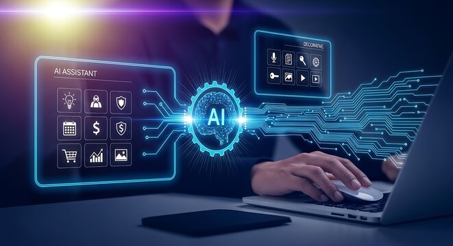 Artificial intelligence concept with glowing ai icon connecting digital interfaces and a person using a laptop