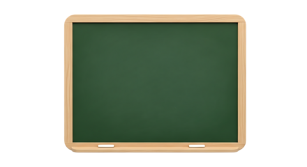 Green chalkboard with rounded wooden frame and chalk tray isolated on a transparent background blackboard