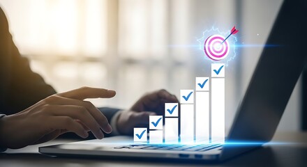 Business growth and success represented by a rising bar chart with checkmarks leading to a target