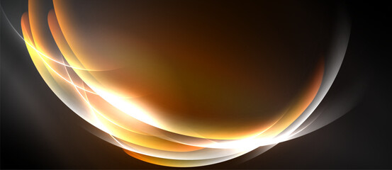 Abstract design features flowing orange curves, bright light streaks, dark background. Elegant, modern aesthetic. Smooth gradients create depth.