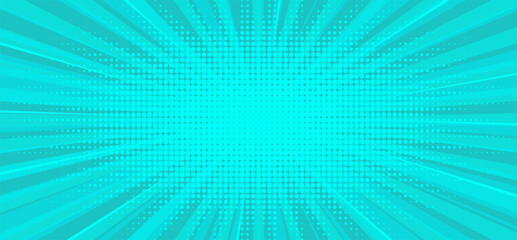 Teal comic book style background with a radial sunburst pattern and heavy halftone dot texture