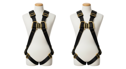 Two white mannequins displaying black safety harnesses with gold metal buckles isolated on a transparent background