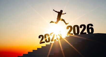 Silhouette of a person jumping over the year 2025 towards 2026 during a bright sunrise, symbolizing new beginnings